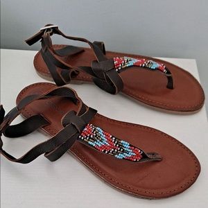Brand-new never one girls Colorful beaded/Brown leather sandals size 1